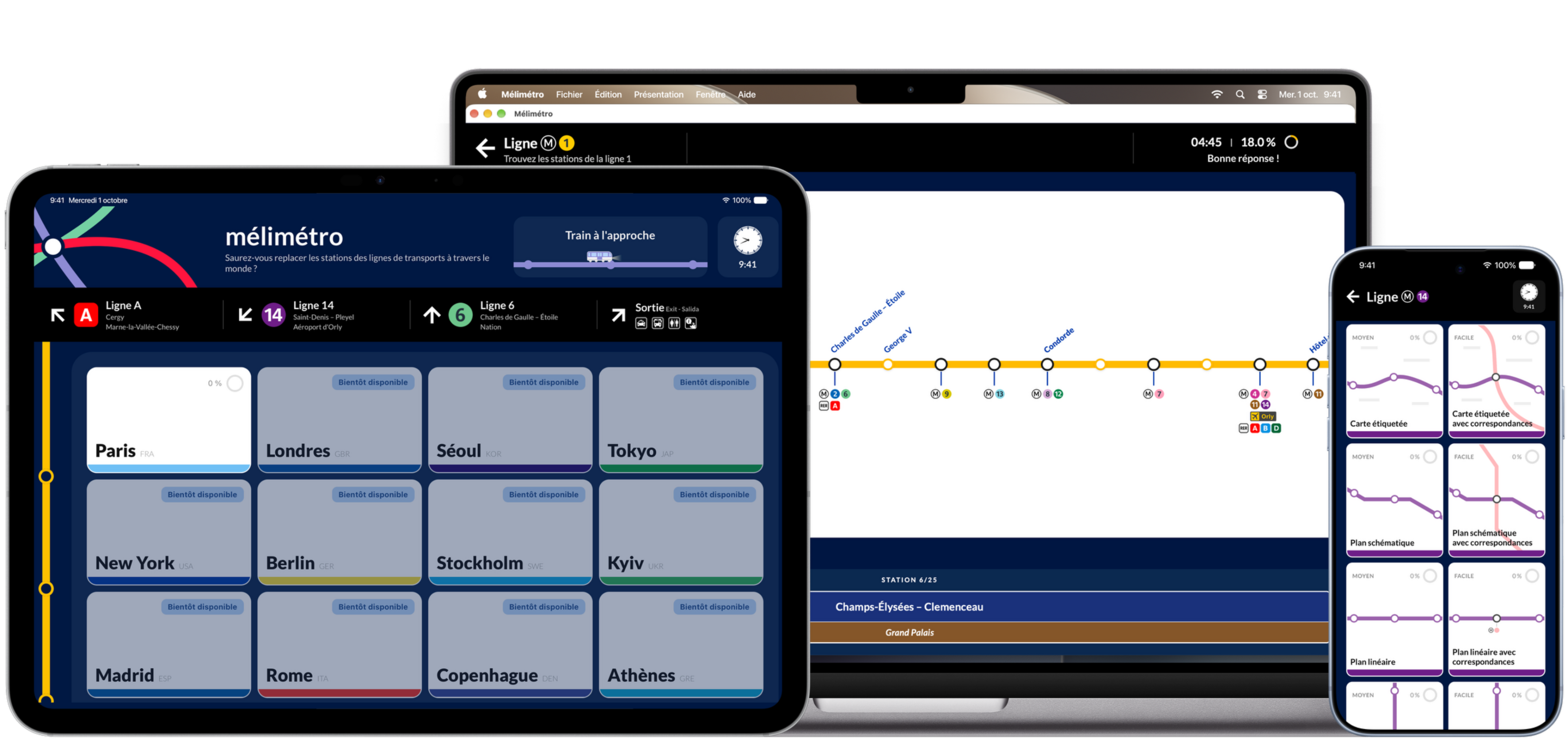 Three screens displaying a preview of Mélimétro app (on Mac, iPhone and iPad).